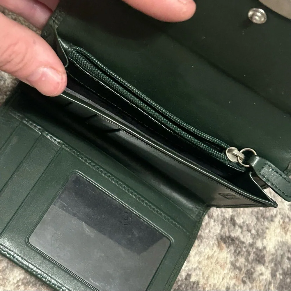 Coach / Vintage Olive Green Tri-fold Wallet with Silver Metal Logo Clasp Closure
